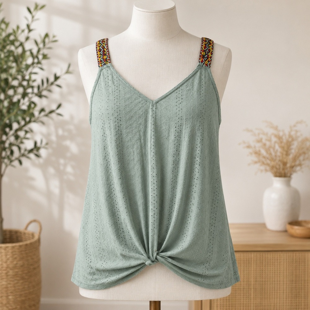 NWT Cupshe V-Neck Eyelet Tank Top  XL‎ Sage Green Embroidered Straps Knot Hem